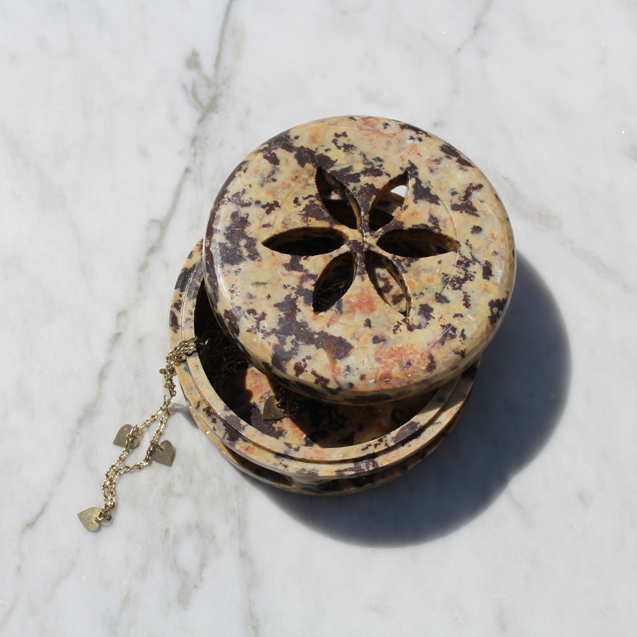 Vintage Carved Soapstone Box, Lidded Trinket Dish Tiger & Iris