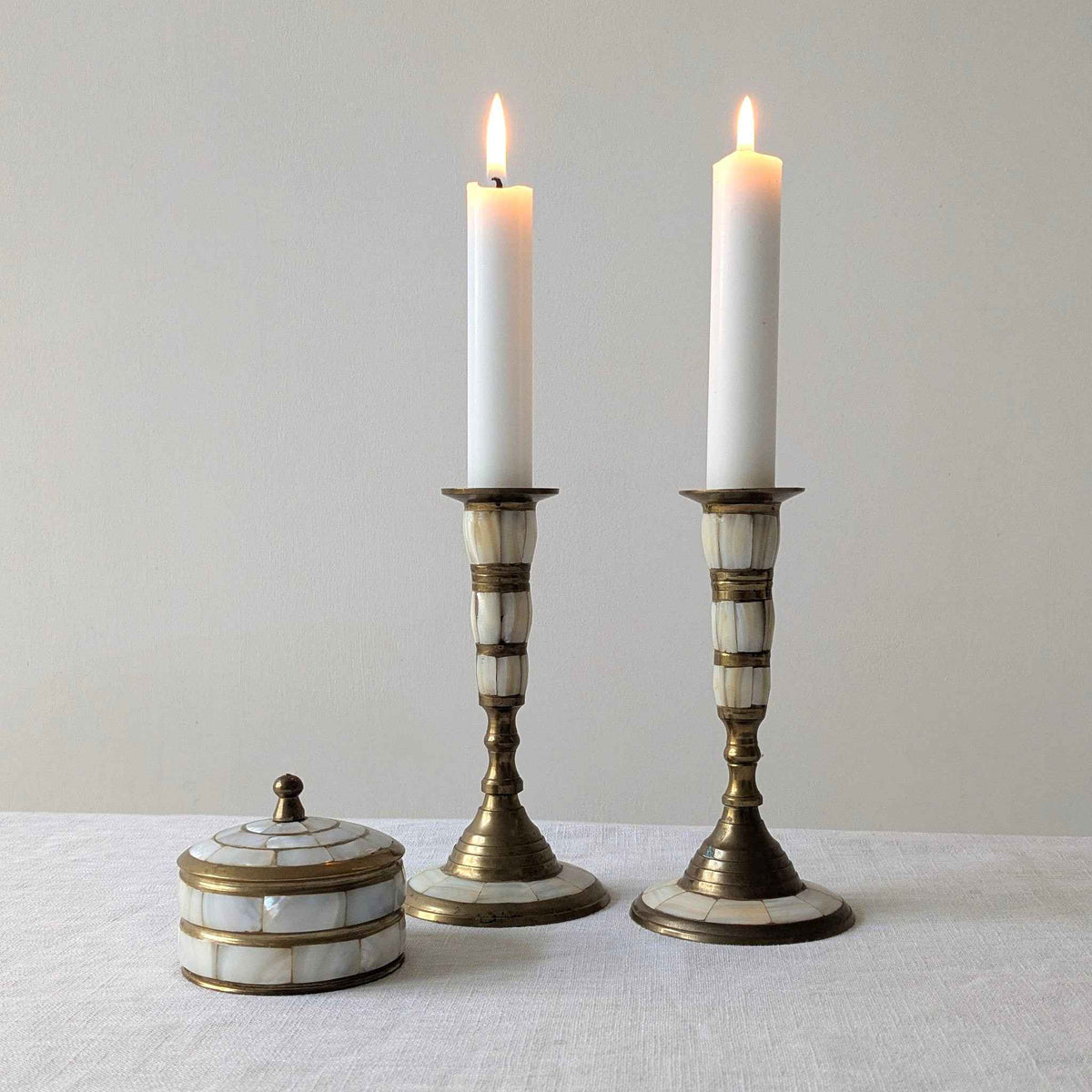 Brass and Mother of Pearl Candlesticks