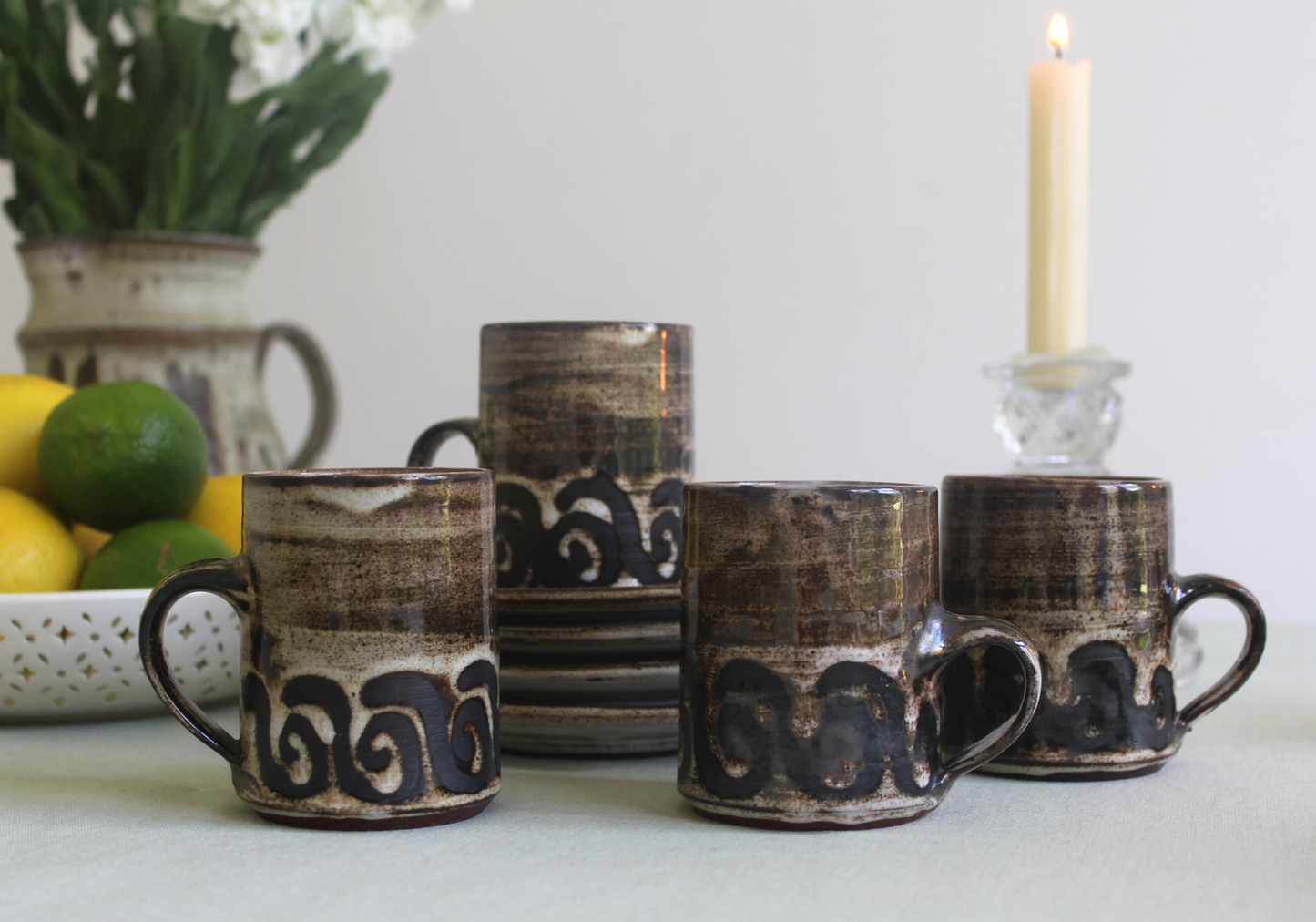 Briglin Pottery vintage wax resist studio four coffee cups and saucers with brown swirl pattern