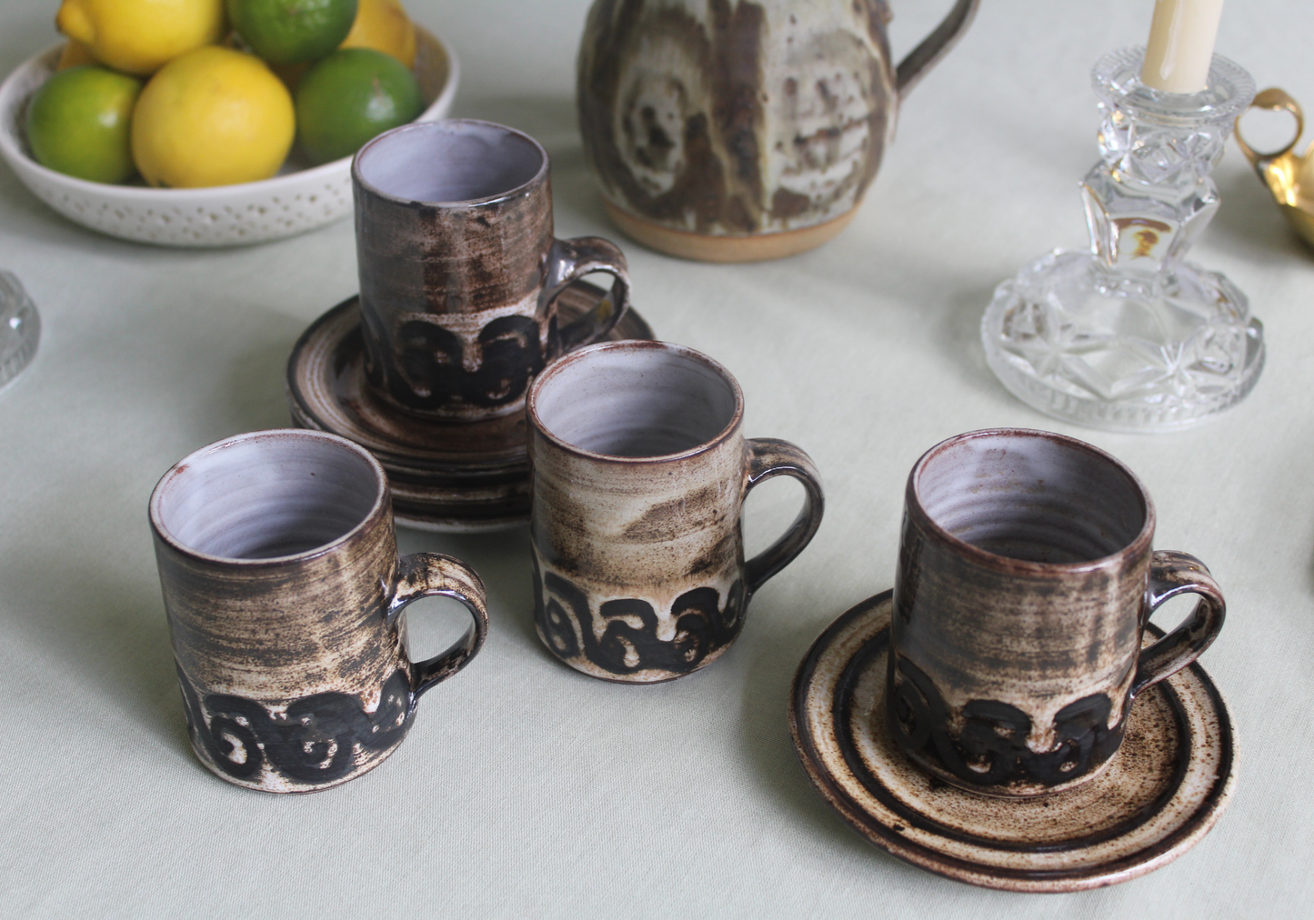 Briglin Pottery vintage wax resist studio coffee cups and saucers showing milky white inside