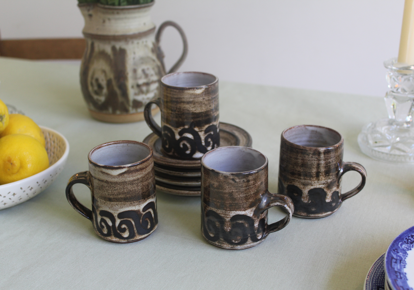Briglin Pottery vintage wax resist studio four coffee cups and saucers with brown swirl pattern on table