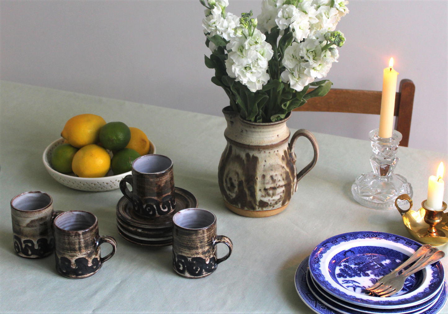 Vintage tableware with Briglin Pottery wax resist coffee cups and saucers