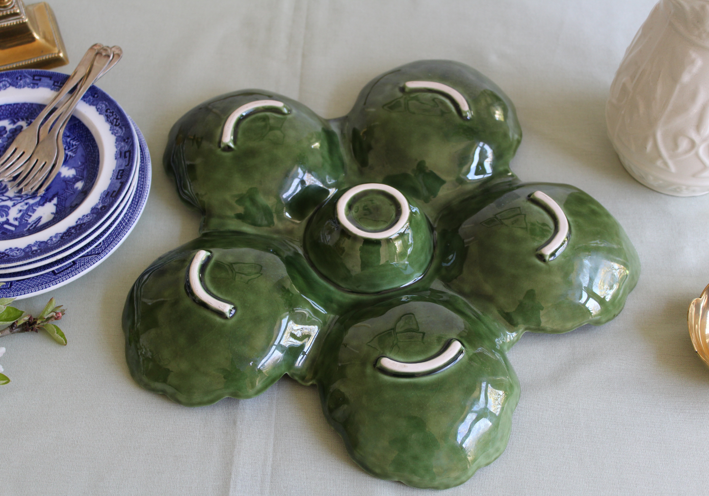 Underside of vintage majolica cabbage leaf platter, dip tray in green, no makers mark