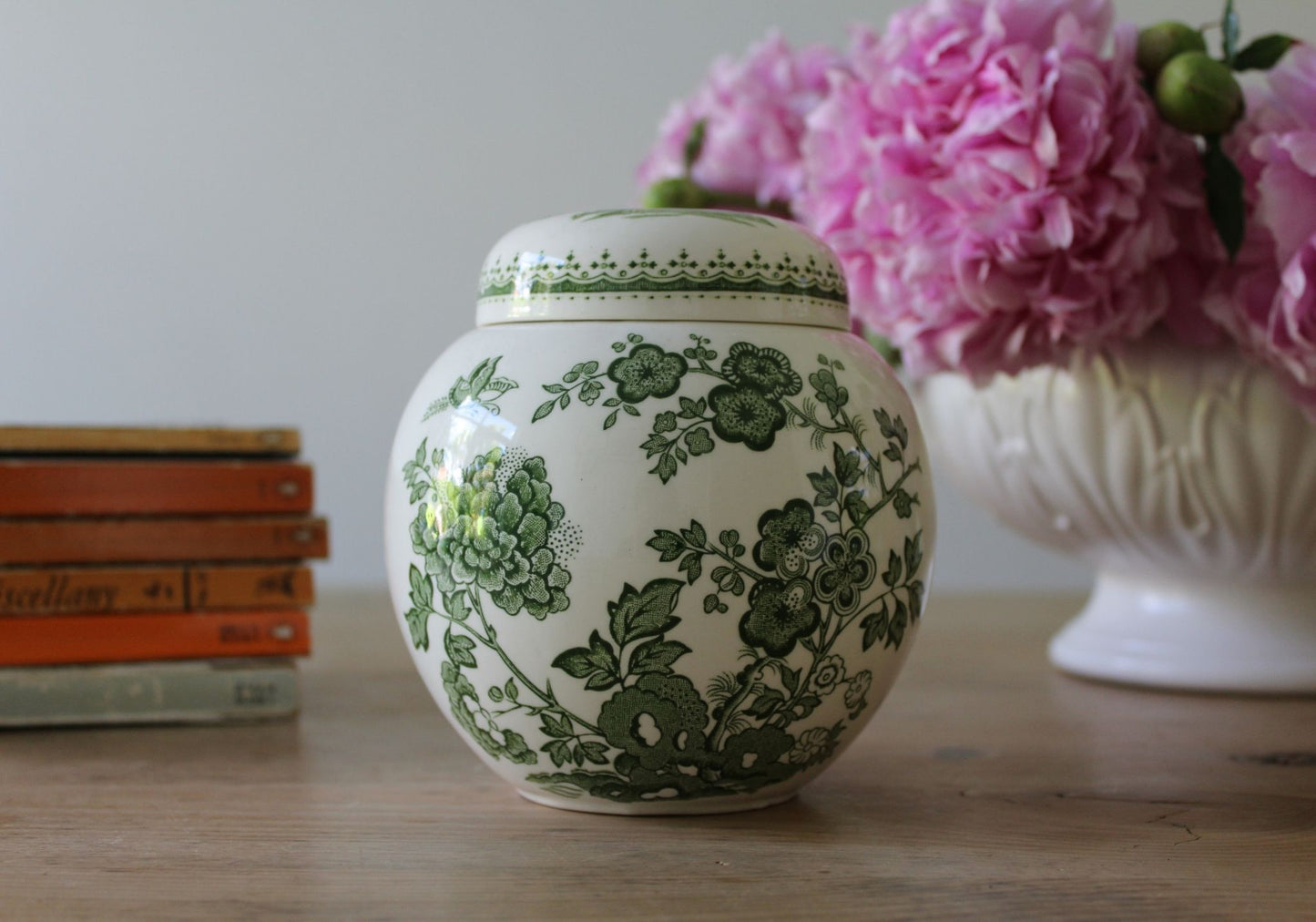 Vintage Mason's Manchu green ironstone ginger jar with books.