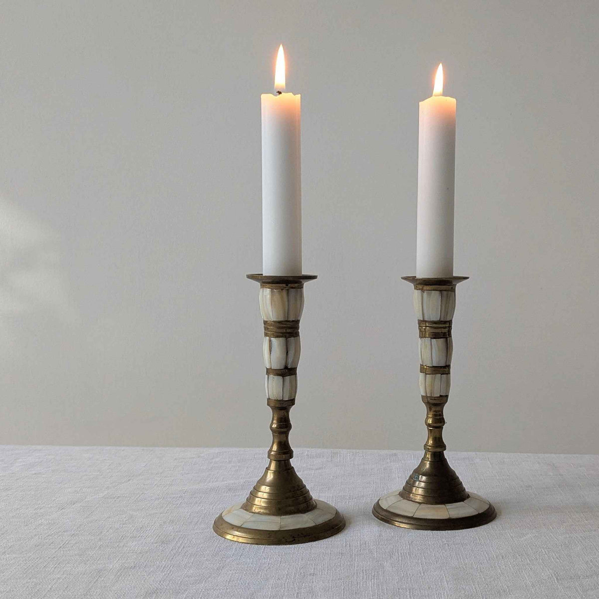 Brass and Mother of Pearl Candlesticks