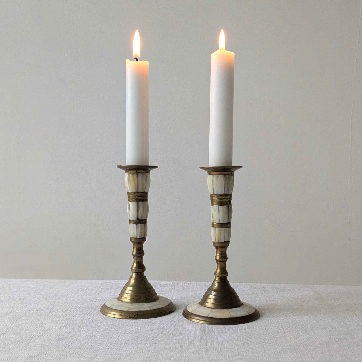 Brass and Mother of Pearl Candlesticks
