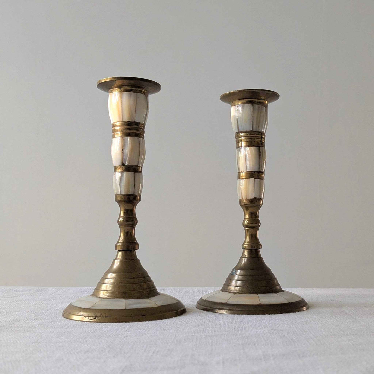 Brass and Mother of Pearl Candlesticks