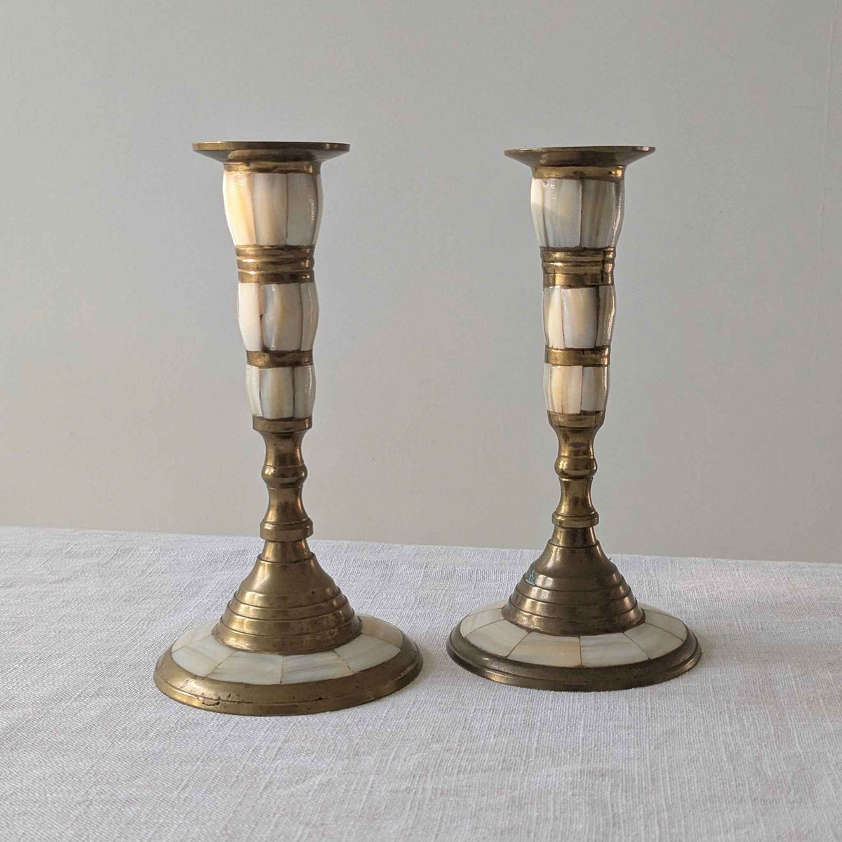 Brass and Mother of Pearl Candlesticks