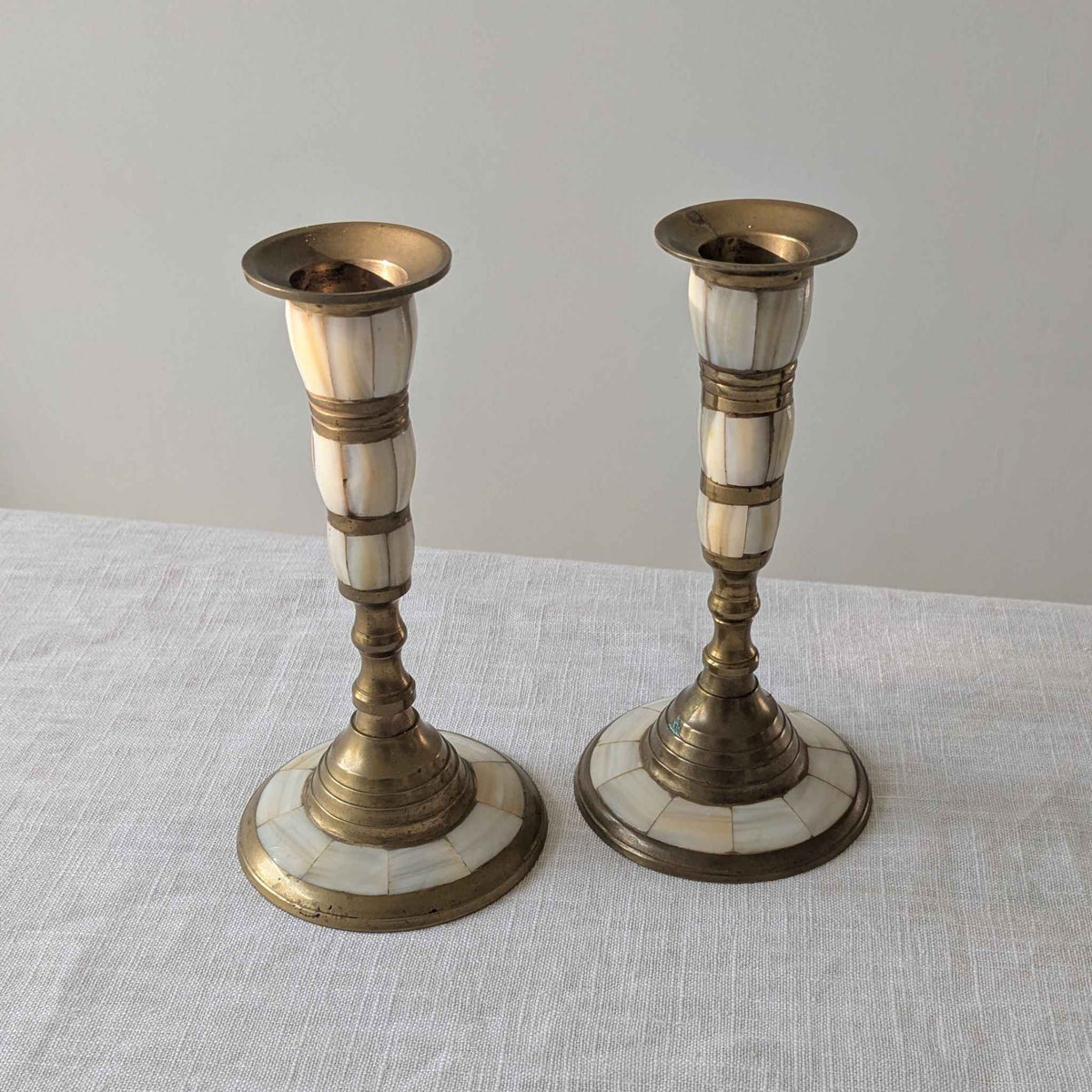 Brass and Mother of Pearl Candlesticks