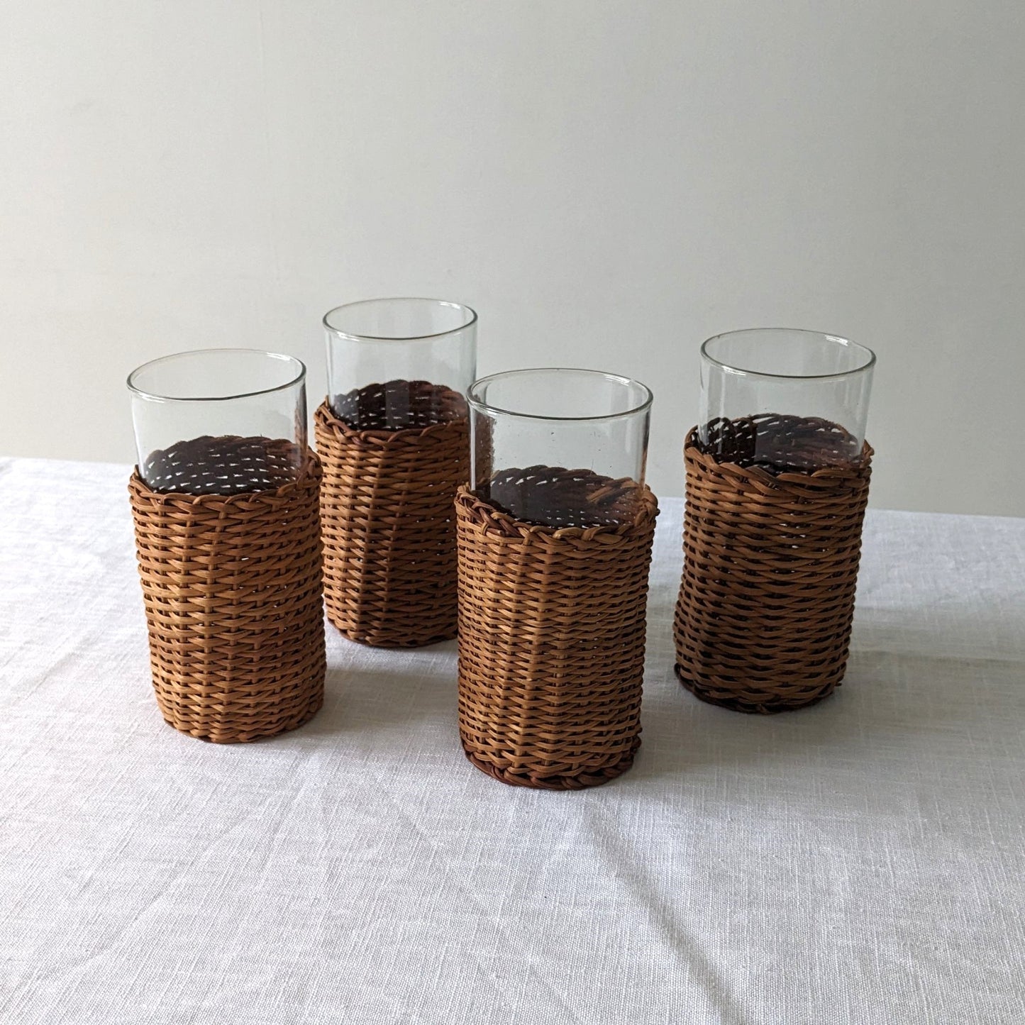 1970s Glasses & Wicker Holders