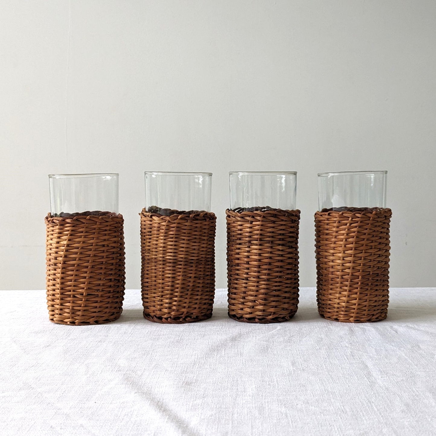 1970s Glasses & Wicker Holders