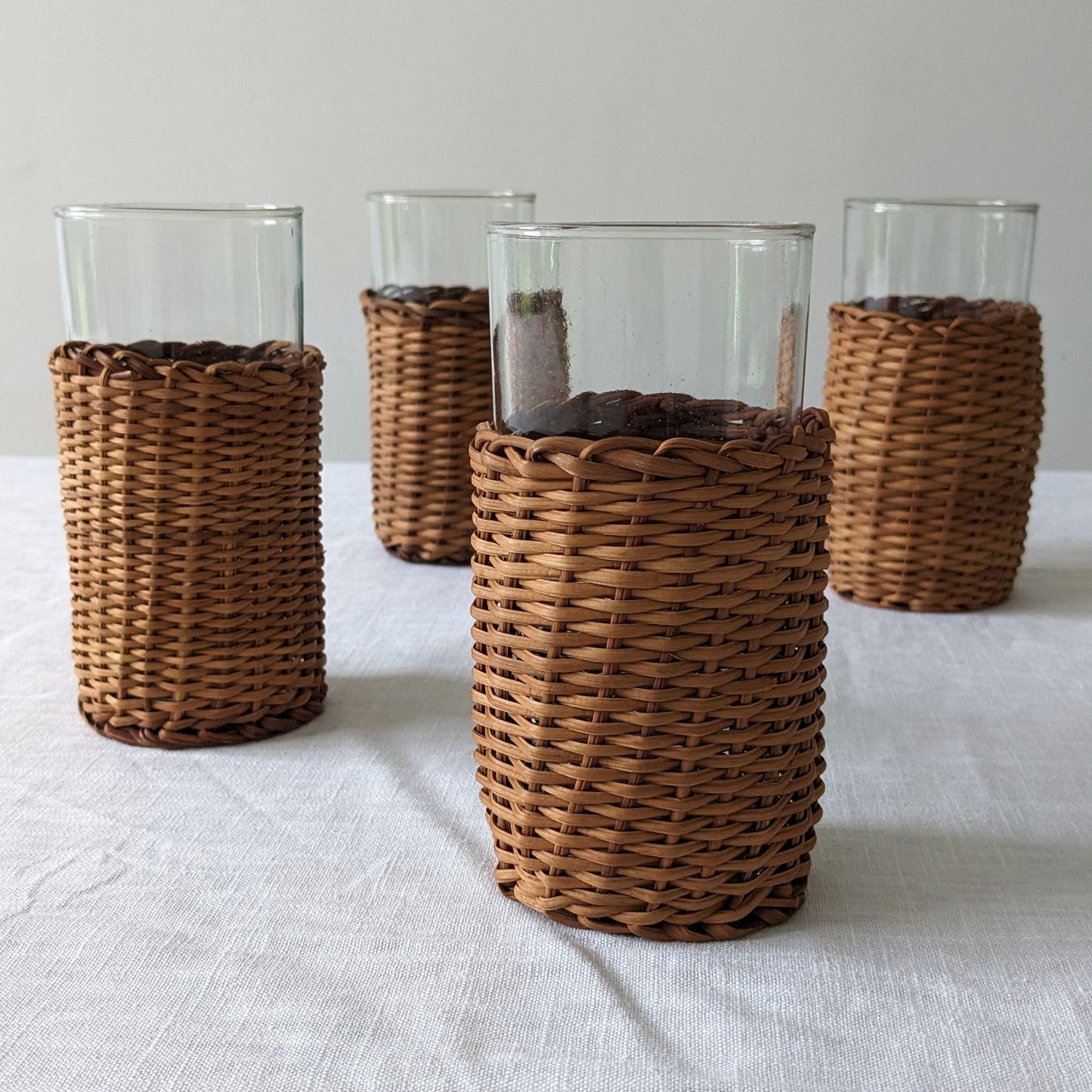 1970s Glasses & Wicker Holders