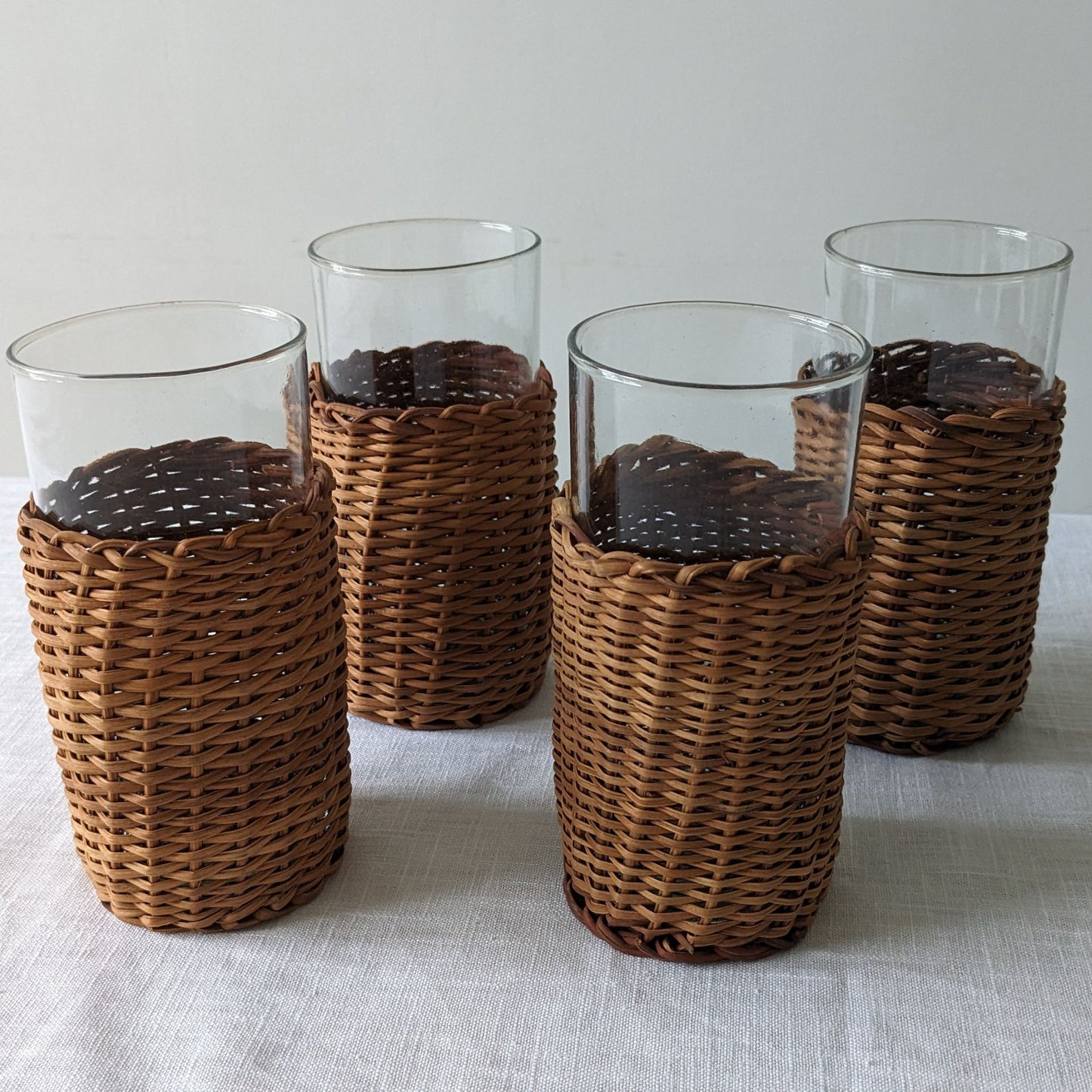 1970s Glasses & Wicker Holders