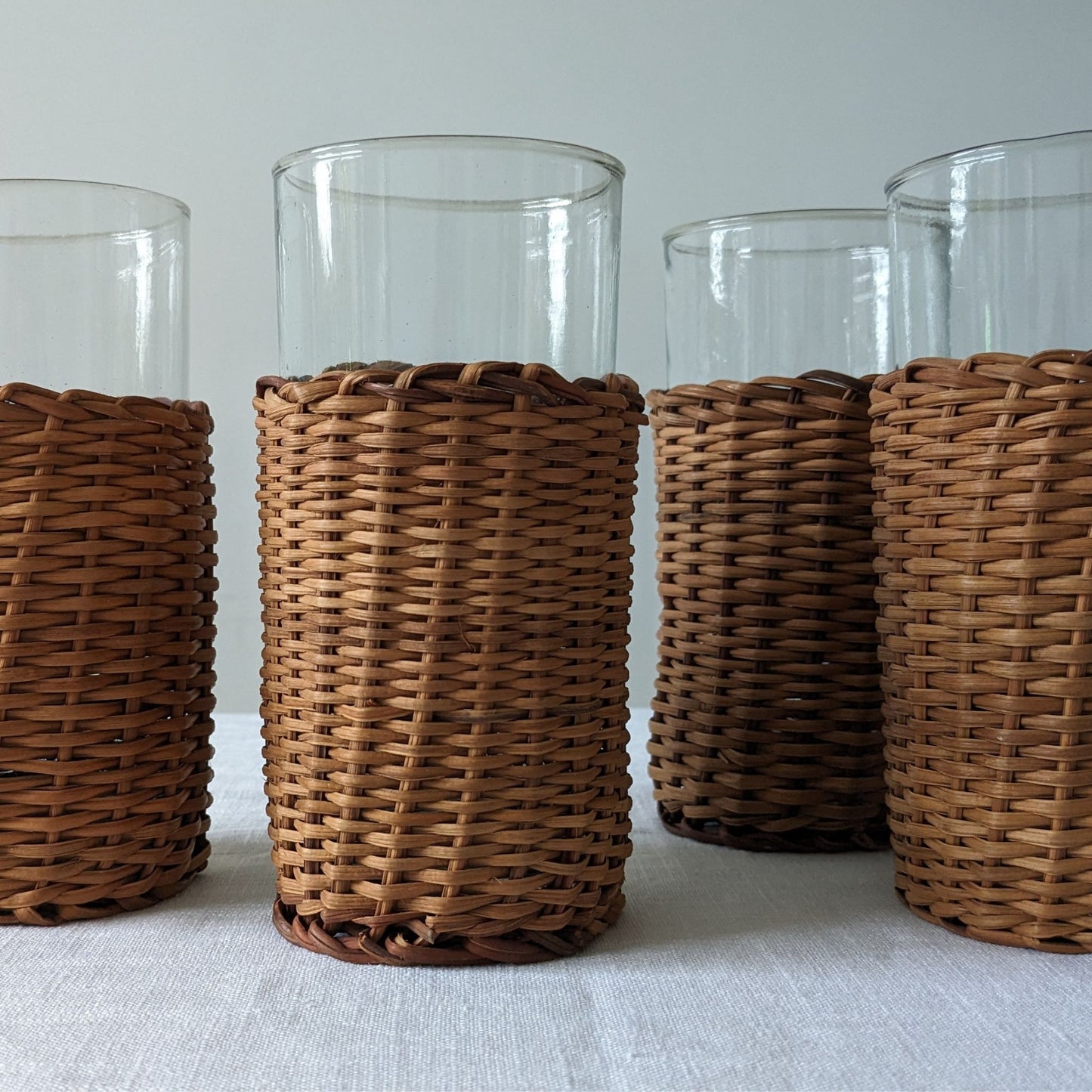 1970s Glasses & Wicker Holders