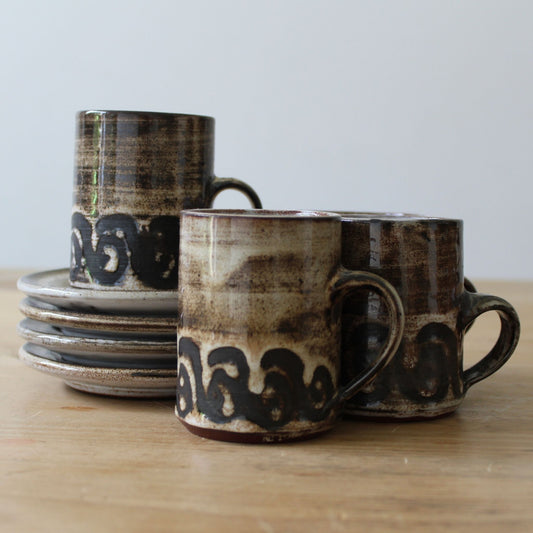 Briglin Coffee Cups, Wax Resist, Studio Pottery